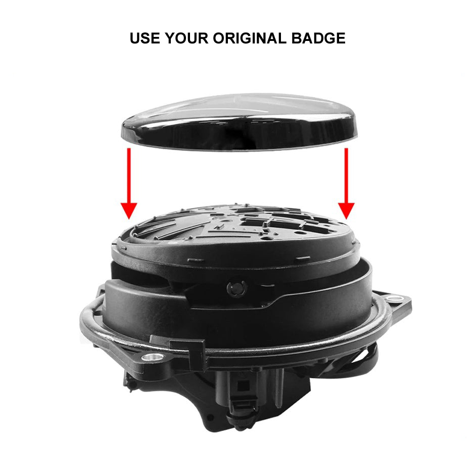 VW flip badge camera open showing reversing camera lens